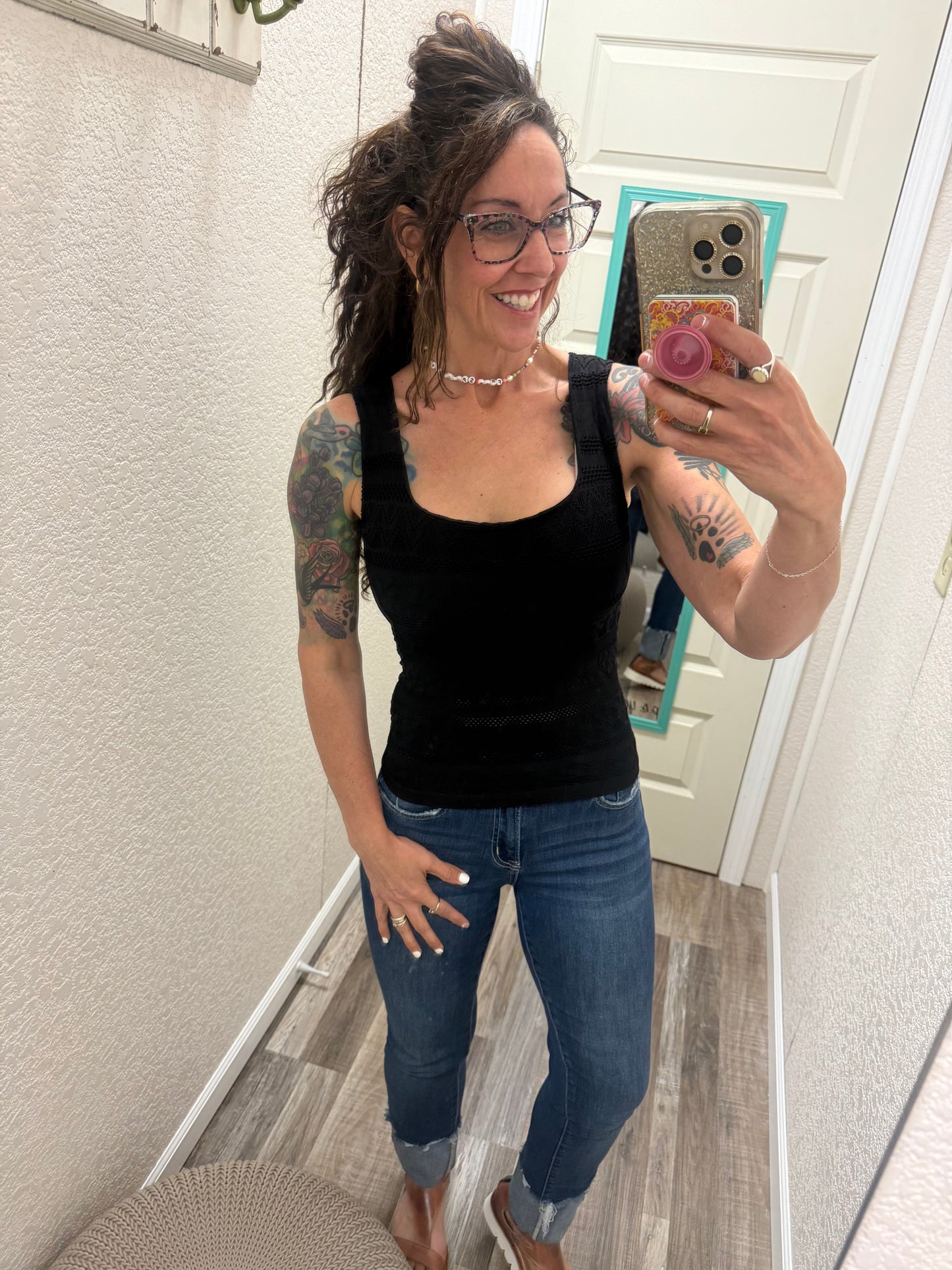 Trust Me Lace Textured Square Neck Tank Top With Built In Bra