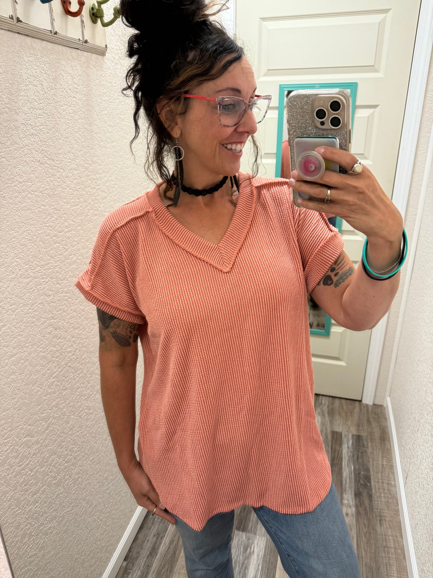 Peach Courtney Corded V neck