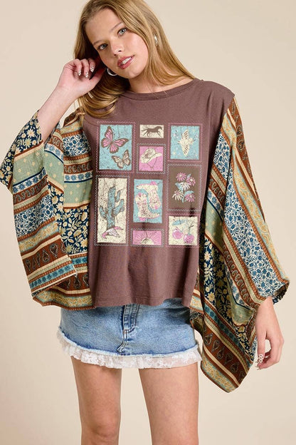 Western Elements Stamps Graphic Sheer Boho Kaftan Top
