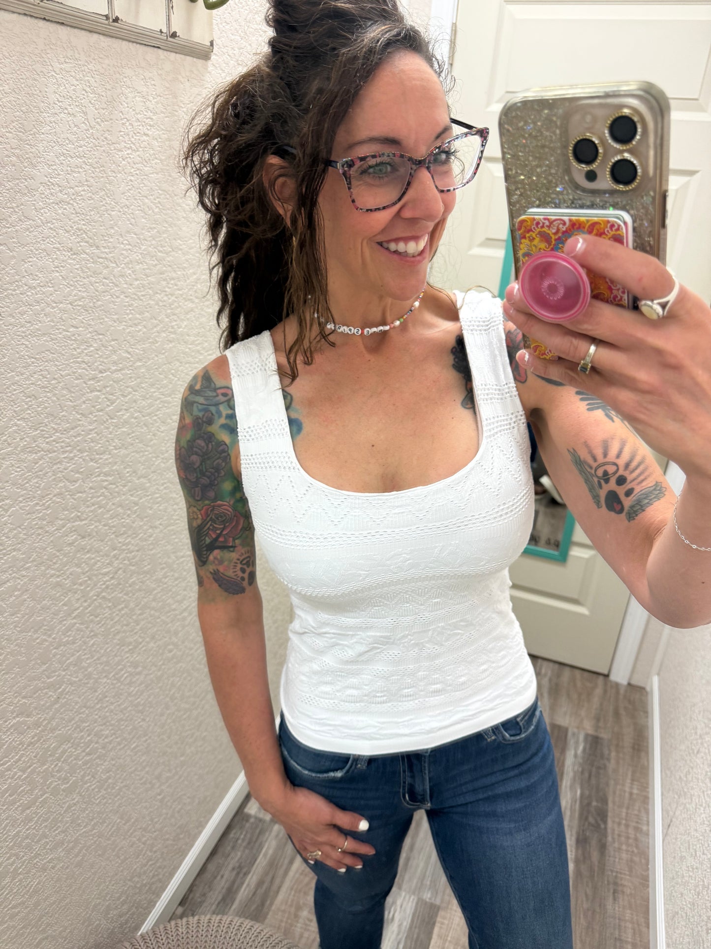 Trust Me Lace Textured Square Neck Tank Top With Built In Bra