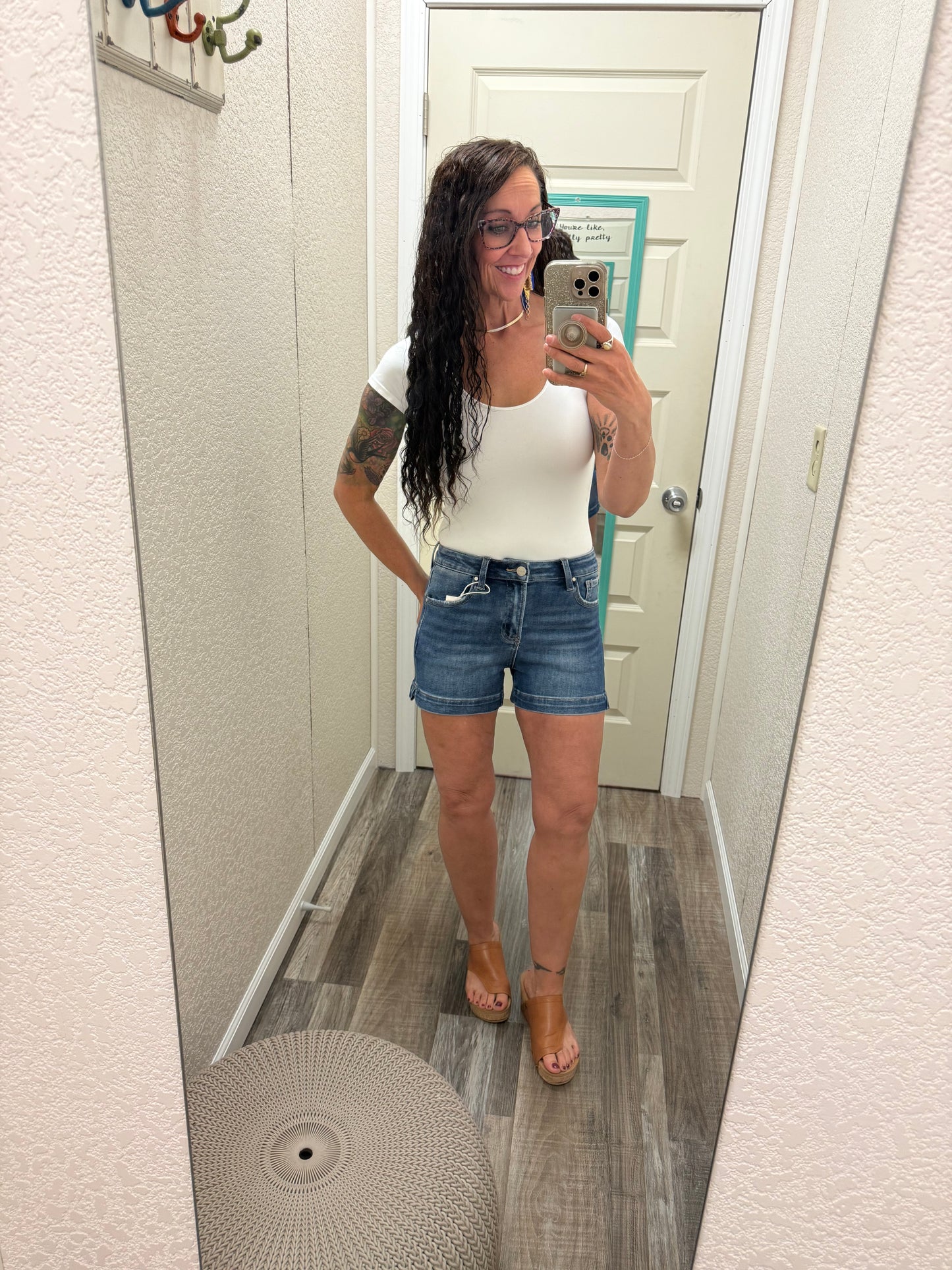 Miranda Risen dark wash Hi Rise Side Slit Shorts