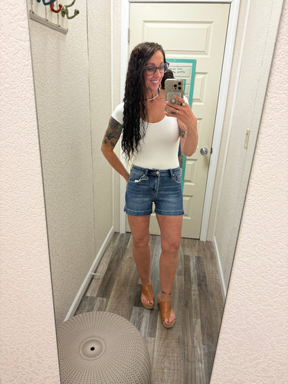 Miranda Risen dark wash Hi Rise Side Slit Shorts