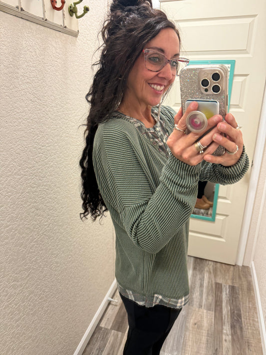 Harriet Olive Corded KNIT HENLEY TOP WITH PLAID CONTRAST TRIM