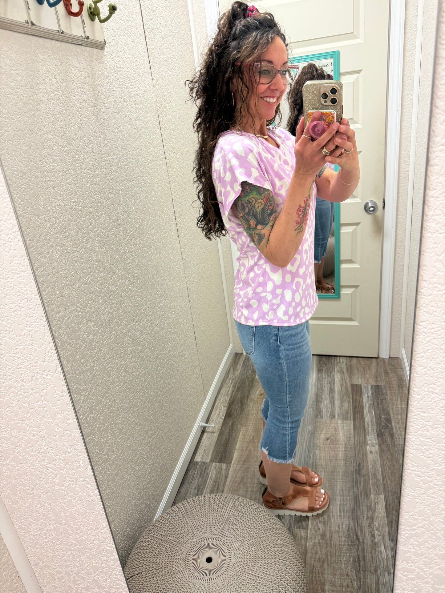 Purple Cheetah V-Neck Banded Cap Sleeve Top