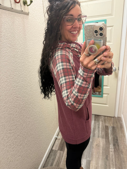 Holly Burgundy Corded PLAID CONTRAST DRAWSTRING HOODIE With Thumbholes
