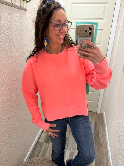 NEON CORAL Luxe CORDED CREW With Side Slits