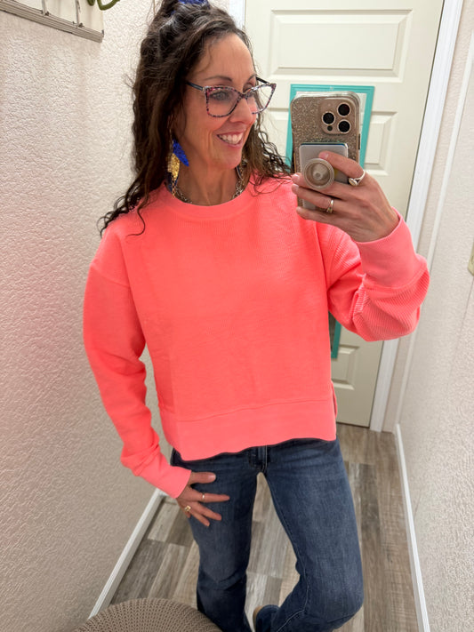 NEON CORAL Luxe CORDED CREW With Side Slits