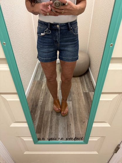 Miranda Risen dark wash Hi Rise Side Slit Shorts