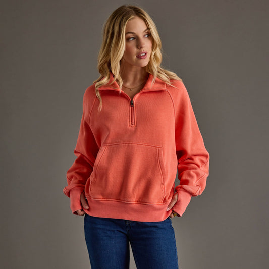 Thumbelina Coral Quarter Zip Sweatshirt With Thumbholes