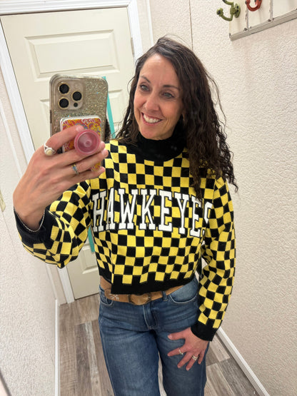 Iowa Checkerboard Cropped Crewneck Sweater: BLACKYELLOW