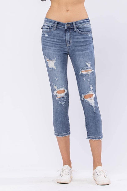 Judy Blue Denim Mid-Rise Capri Destroyed 22" Inseam (Medium wash)