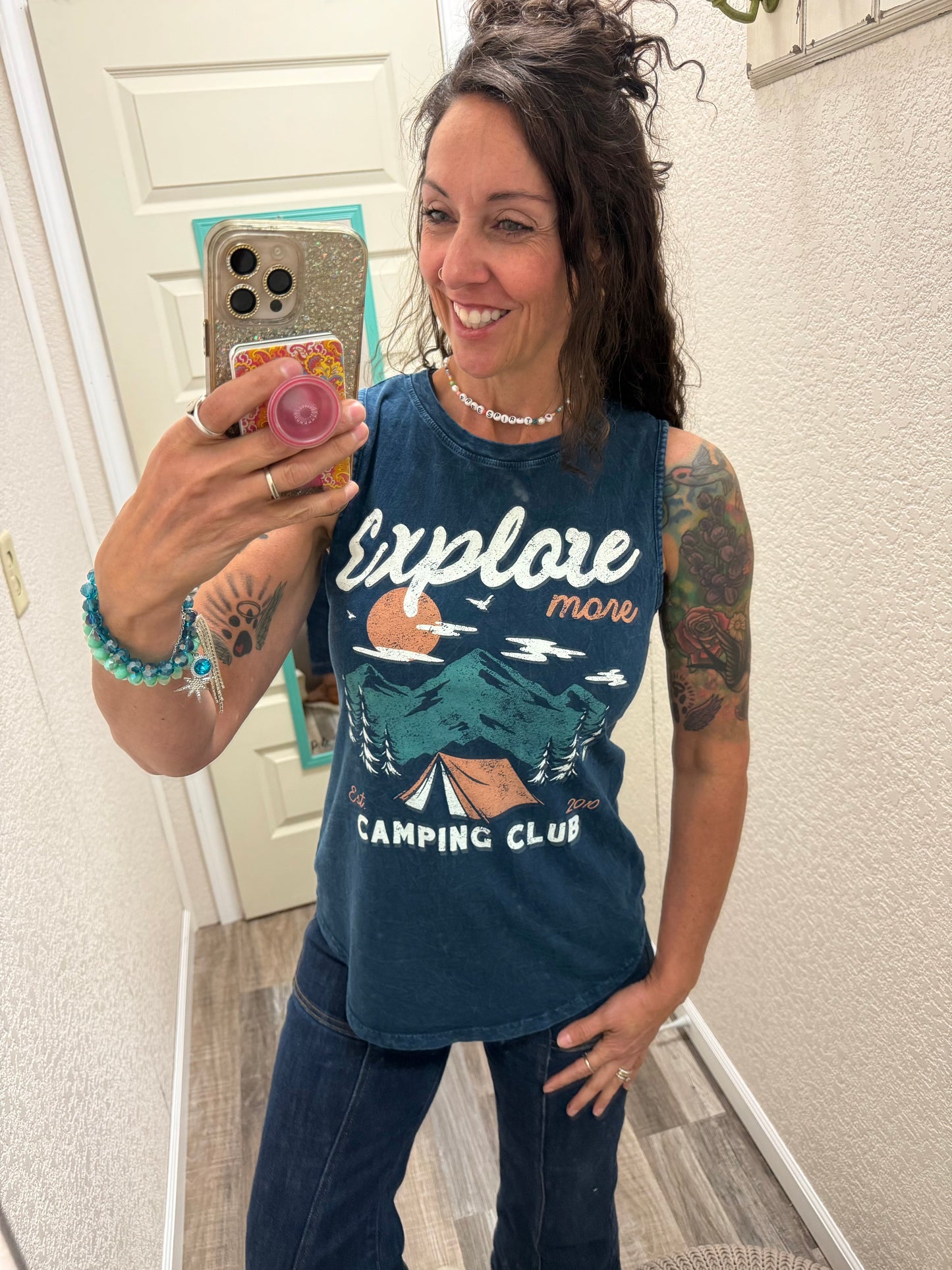 EXPLORE MORE CAMPING CLUB GRAPHIC TANK TOP: Mineral Navy
