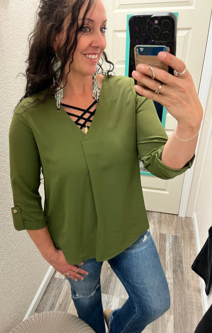 Francesca - Olive - 3/4 Tab Sleeve Blouse