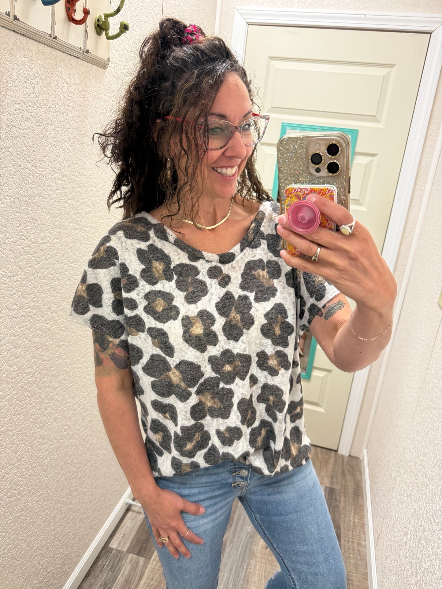 Cheetah V-Neck Banded Cap Sleeve Top