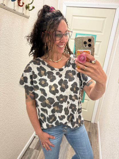 Cheetah V-Neck Banded Cap Sleeve Top