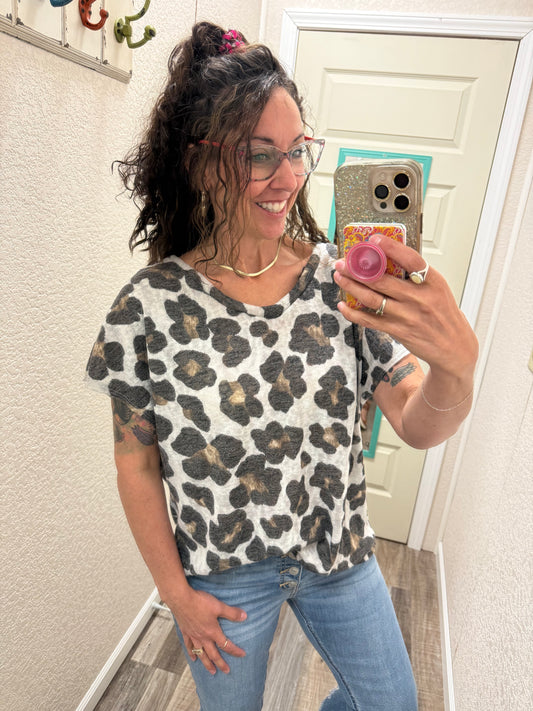 Cheetah V-Neck Banded Cap Sleeve Top