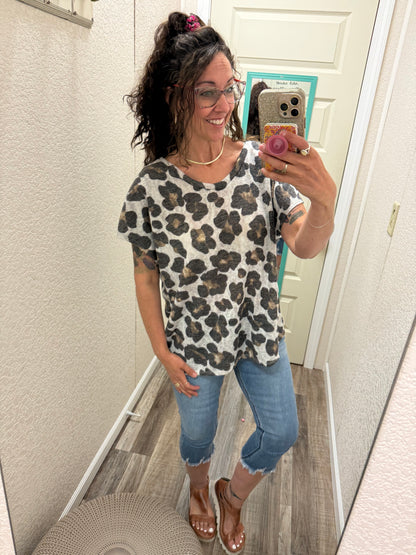 Cheetah V-Neck Banded Cap Sleeve Top