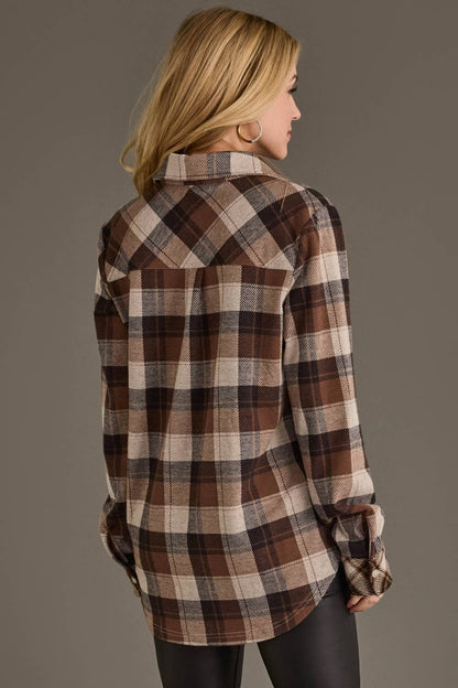 Brown, Black & Cream Plaid Button Up Flannel