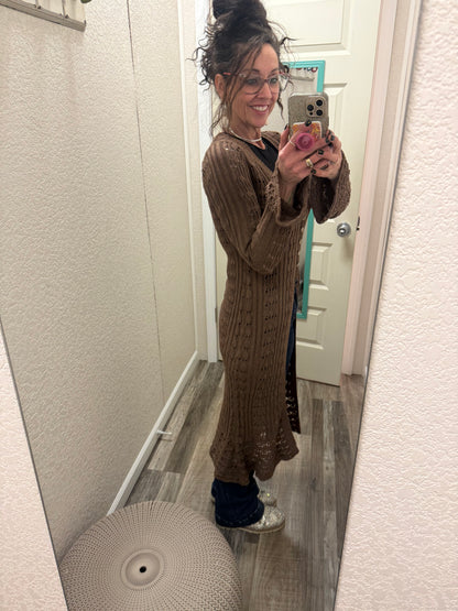 Aphrodite Greek Goddess Open Knit From Flared Long Cardigan