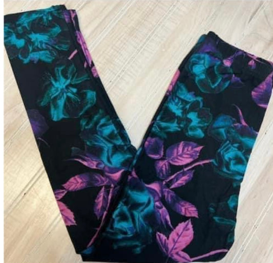 Kids Leggings (Black Teal Pink Floral)