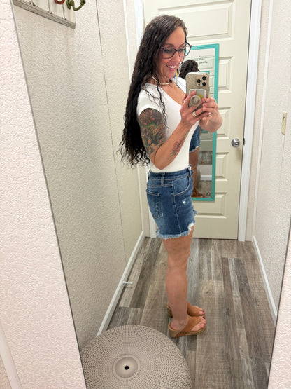 Carrie Risen Mid Rise Button Down Shorts Dark Wash