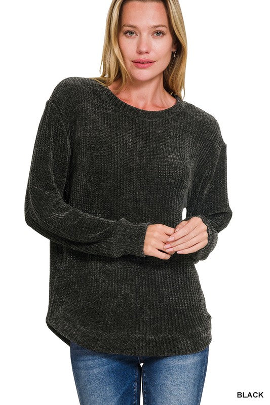 Chaunte Chenille Waffle Round Neck Sweater