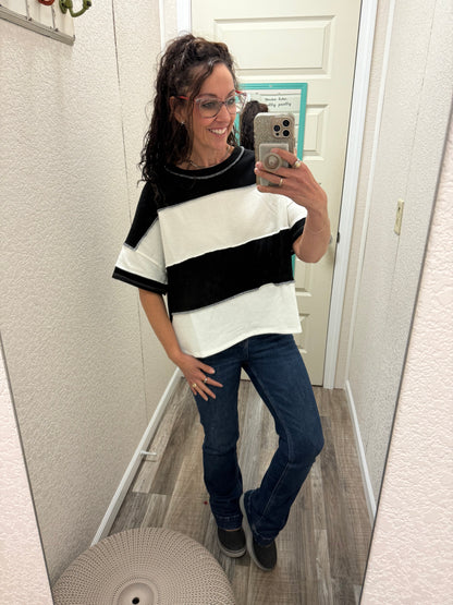 Terry Color Block Exposed Seam Short Sleeve Top