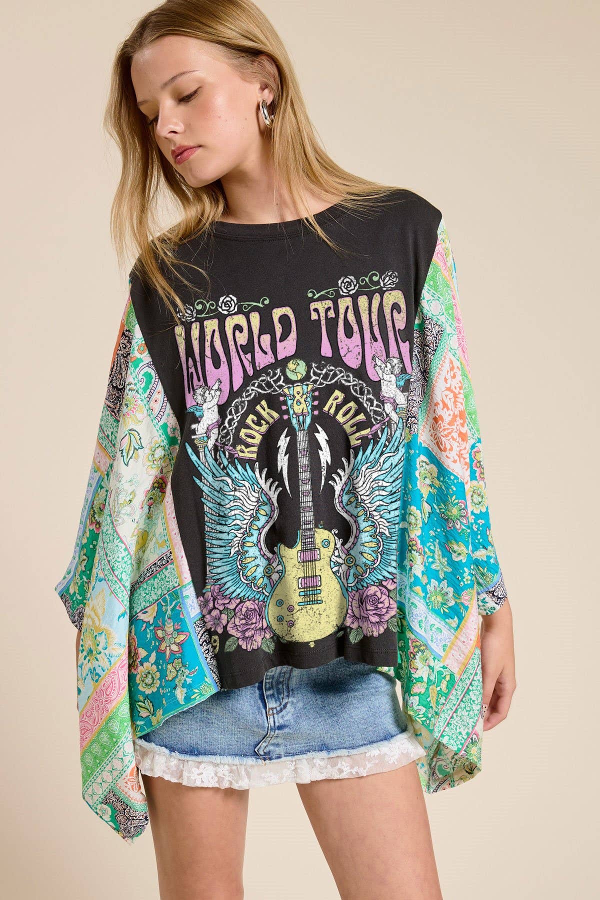 World Tour Graphic Boho Sheer Kaftan Top