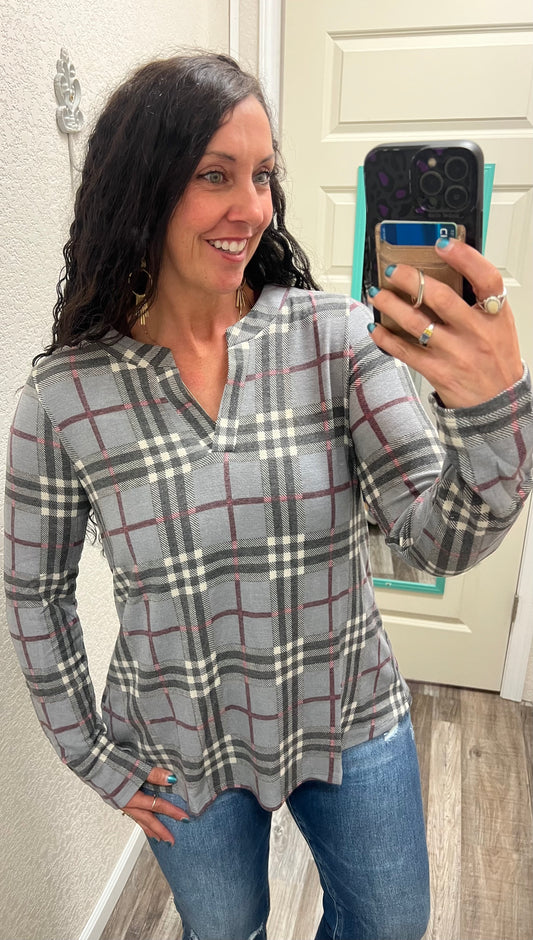 Lizzy - Dusty Blue Plaid - Long sleeve top