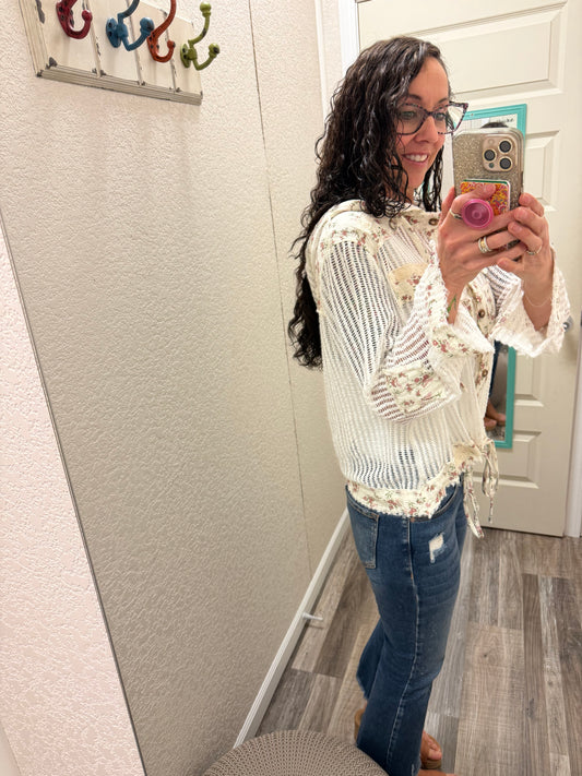 White Lulu Crochet Button Up Hoodie