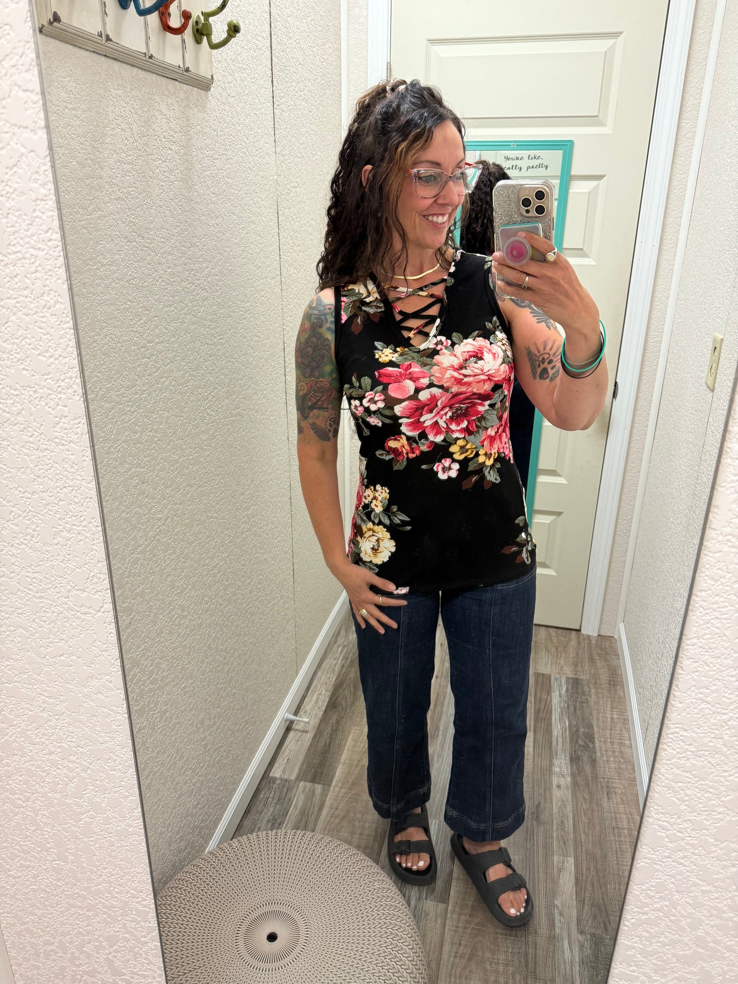 Midnight Floral Criss Cross Tank Top