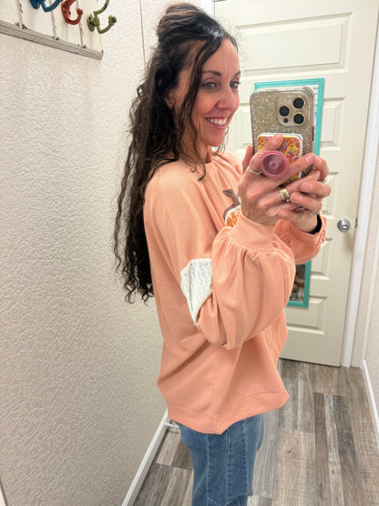 Pumpkins Round Neck Drop Shoulder Lace Detail Sleeve Top