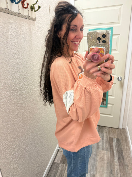 Pumpkins Round Neck Drop Shoulder Lace Detail Sleeve Top