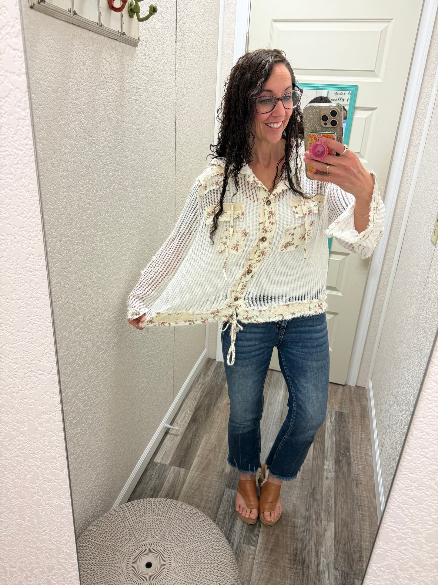 White Lulu Crochet Button Up Hoodie
