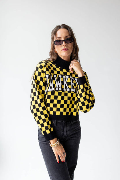 Iowa Checkerboard Cropped Crewneck Sweater: BLACKYELLOW