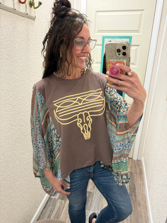 Cowboy Stitch Graphic Sheer Boho Kaftan Top: BROWN