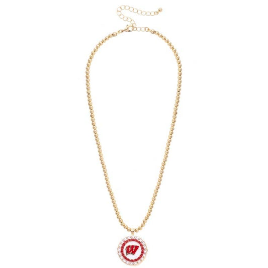 Wisconsin Badgers Pave Disc Necklace in Shiny Gold