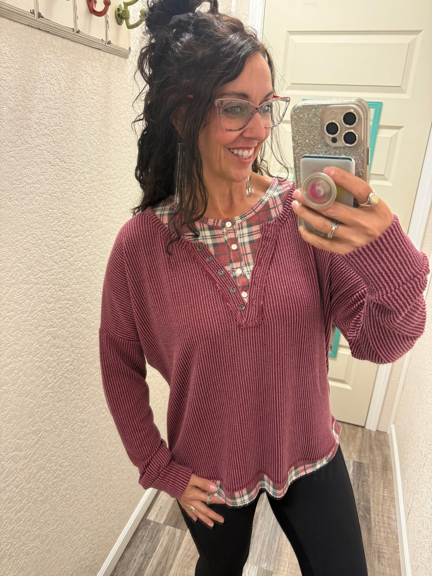 Harriet Burgundy Corded KNIT HENLEY TOP WITH PLAID CONTRAST TRIM