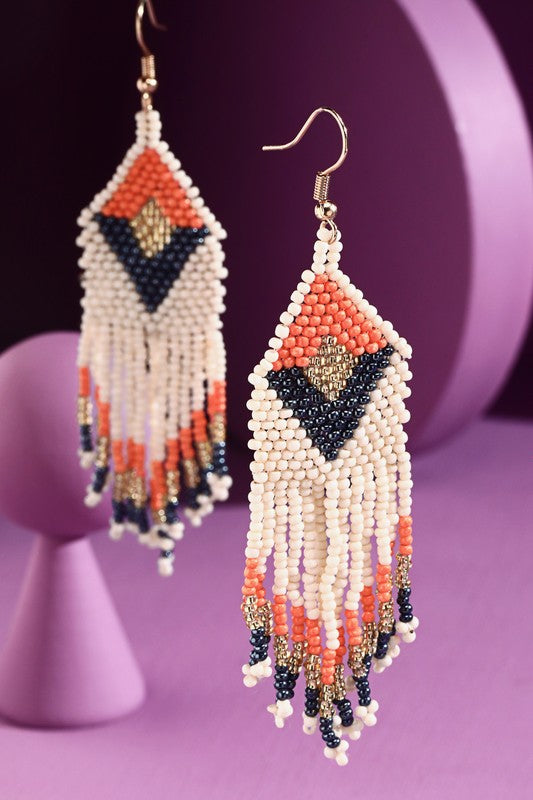 Ivory - seed feed Chevron wide fringe drop earrings