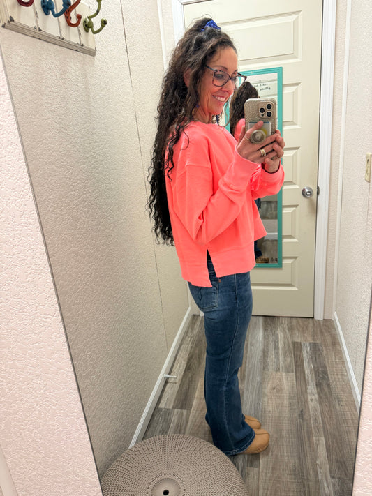 NEON CORAL Luxe CORDED CREW With Side Slits