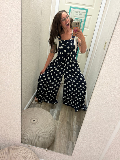 Polly Polka Dot Sling Maxi Jumpsuit: Navy White