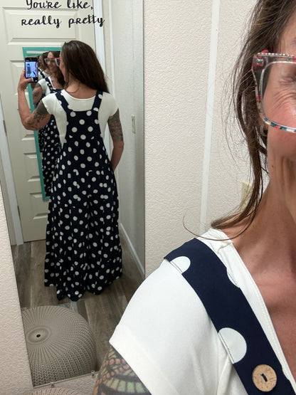 Polly Polka Dot Sling Maxi Jumpsuit: Navy White