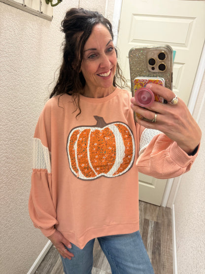 Pumpkins Round Neck Drop Shoulder Lace Detail Sleeve Top
