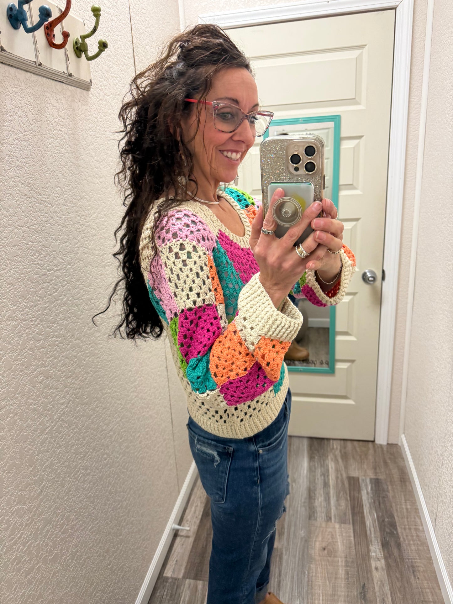 Mia Multi Color Checker Open Knit Top
