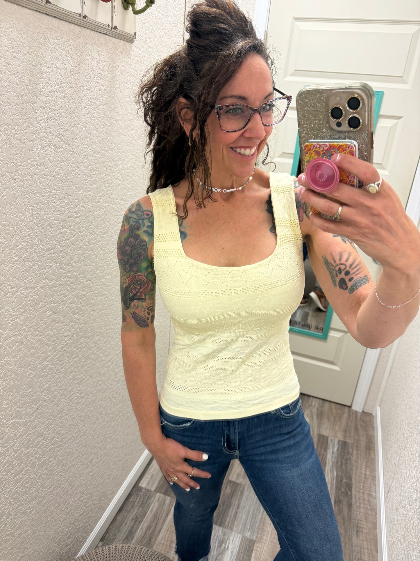 Trust Me Lace Textured Square Neck Tank Top With Built In Bra