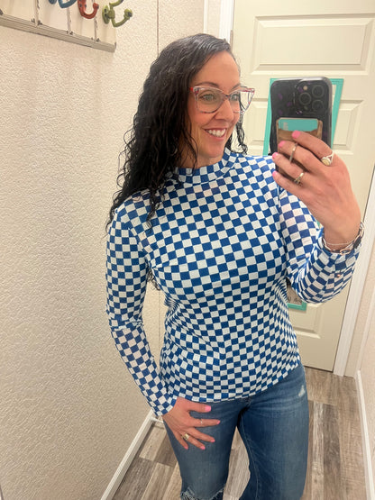 Blue & White Checkered Mesh Top