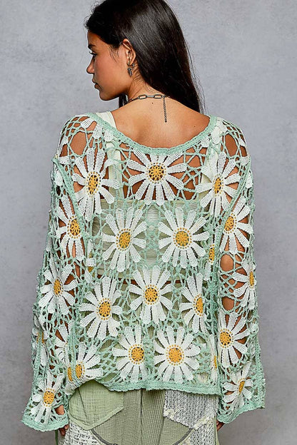 Daisy Long sleeve V neck crochet knit open cardigan: One Size