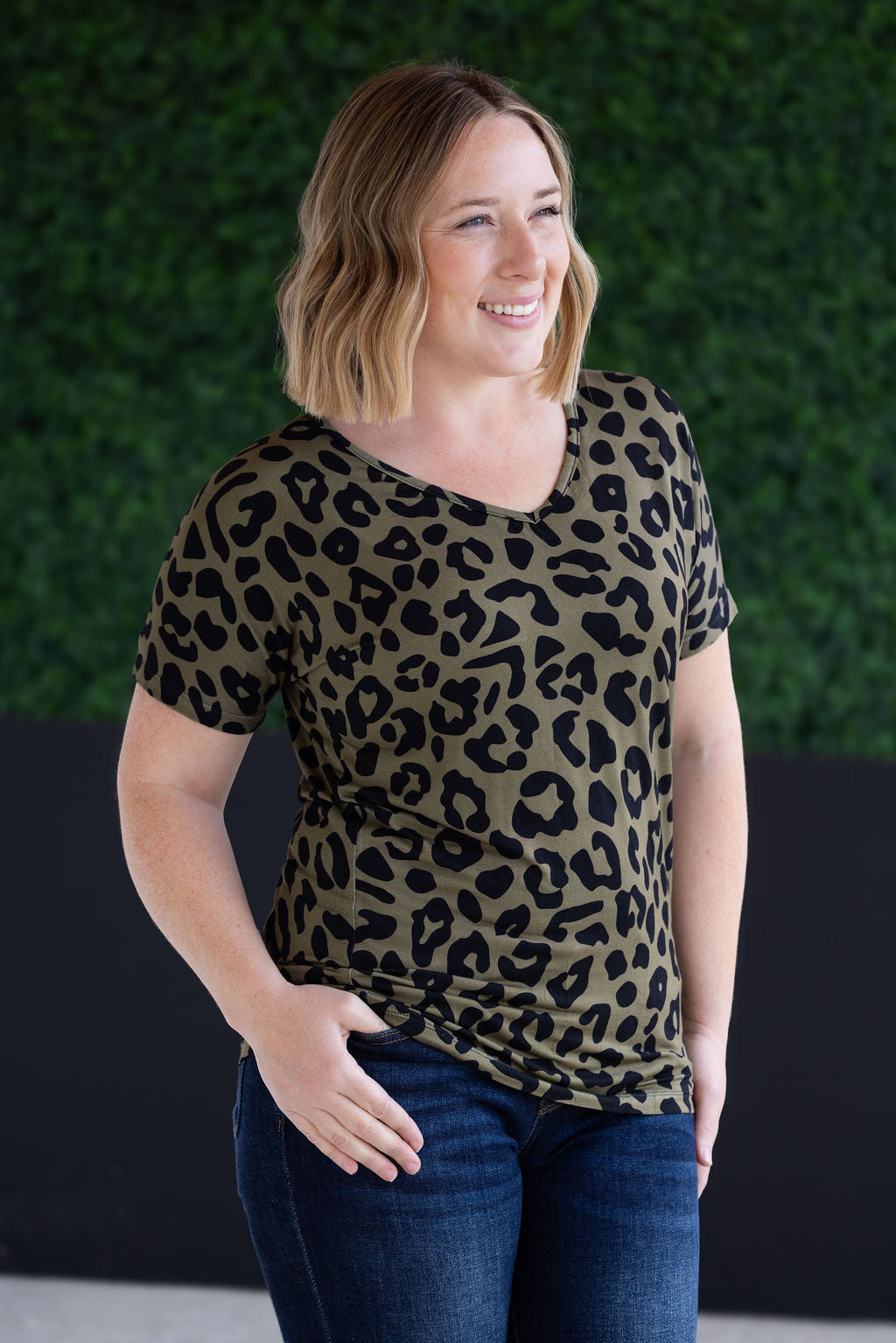 Chloe Cozy Tee - Olive Animal Print