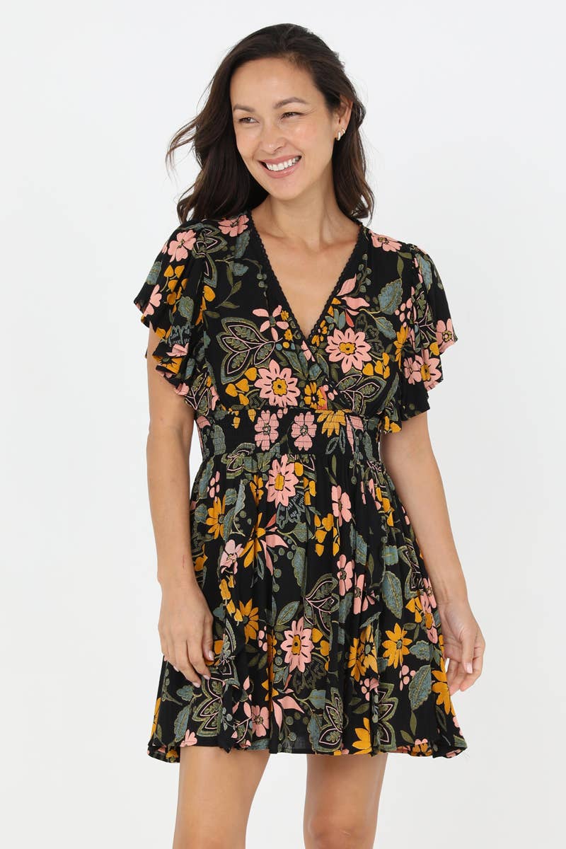 Victoria V NECK RUFFLE SLEEVES FLORAL PRINT ELASTIC WAIST