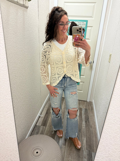 Candi Cropped Scalloped Crochet Button-Front Cardigan